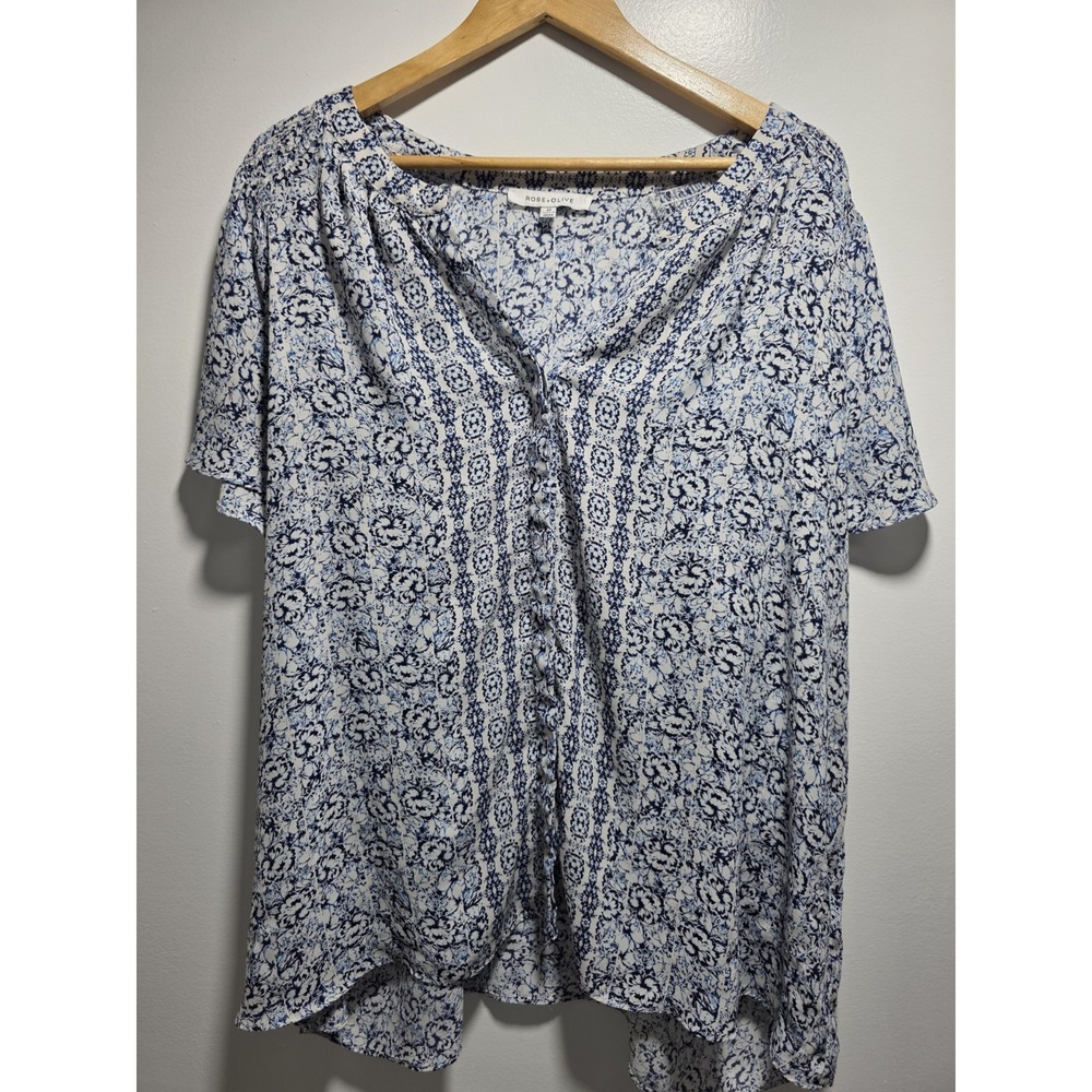 Rose + Olive Womens Floral Blouse Plus Size 3X Button Up Tunic Short Sleeve